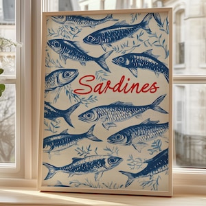 Decorazione da cucina in stile marittimo | Poster vintage con pesce | Illustrazione retrò di sardine blu | Arte murale scandinava per sala da pranzo, ufficio, aspetto tela