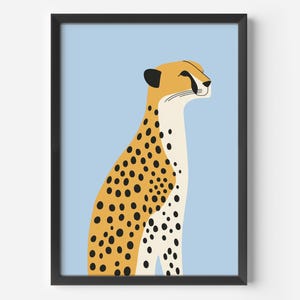 Arte moderno de pared para habitación infantil | Póster de guepardo de safari | Estampado colorido en azul y amarillo | Ilustración minimalista para decoración de sala de estar y oficina