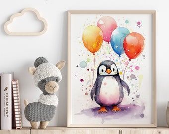 Kinderzimmer Poster: Niedlicher Pinguin mit Luftballons | Aquarell Tier Wandbild Babyzimmer Dekoration | Geschenk für Babys und Kinder