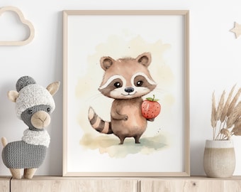 Children's Room Picture Woodland Animals | Cute Raccoon Watercolor Style Poster | Wall Art Nature Pastel Colors Nursery Decor Animal Illustration