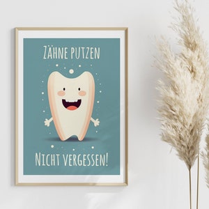 Póster recordatorio para niños: No olvides cepillarte los dientes | Motivación para cepillarse los dientes | Póster infantil para el baño | Imagen del baño | Niño con dientes