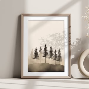 Wanddekoration Natur Wohnzimmer | Skandi Poster Wald Kunst | Nebel Kiefer Landschaft Beige | Minimalistische Dekoration Schlafzimmer Flur