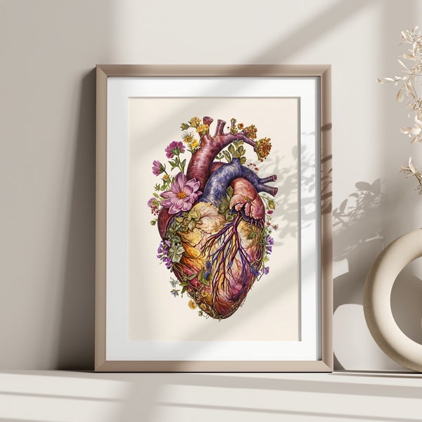 Botanical Heart | Anatomical Vintage Heart Poster | Botanical artwork