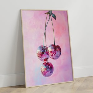 Opera d'arte moderna per il soggiorno | Stampa ciliegia retrò disco | Decorazione da parete vintage con brillantini rosa | Glitter colorato | Carta da parati murale per cucina | Immagini corridoio ufficio