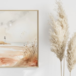 Aquarell Druck modern | Natur inspiriertes Kunstwerk | Leuchtturm Illustration Wanddeko | Beige Harmonie für Wohnräume | Skandi Bad Kunst