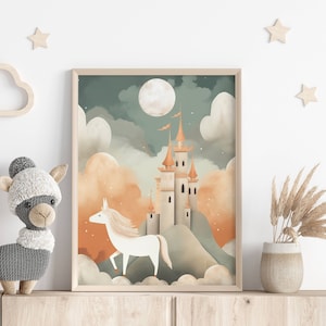 Nursery wall decor | Fairytale unicorn poster | Dreamy pastel illustration | Magical art for girls&#39; rooms | Fantasy decor