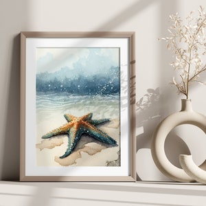 Decorazioni da spiaggia per soggiorno in stile nautico | Poster acquerello con stelle marine | Stampa murale blu e beige con design naturalistico per corridoio e camera da letto | Decorazioni costiere per corridoio