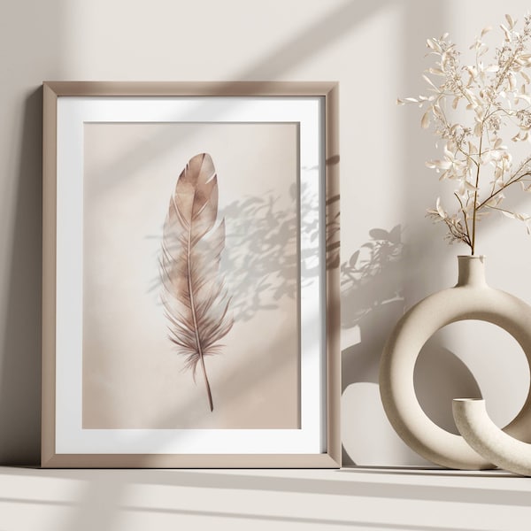 Minimalist boho poster in soft beige tones | Elegant Feather Wall Art | Wall poster in boho design | Stylish wall decoration