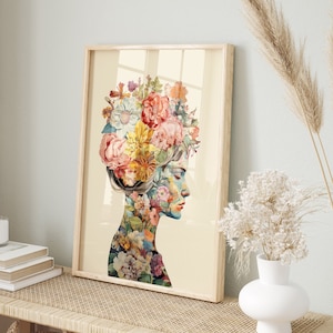 Silhouette femminile artistica con fiori | Arte murale colorata | Poster moderno per il soggiorno | Arte femminile per la casa | Decorazione floreale