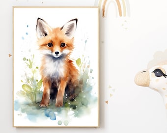 Living room decor | Watercolor fox illustration | Cute animal print nature | Scandinavian art print children's room office gift