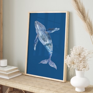 Blaues Wal Poster Naturkunst für Wohnzimmer Schlafzimmer Büro | Ruhige maritime Wanddeko modern | Ozean Kunst Druck Küstenstil Bild
