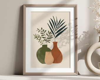 Minimalist living room decor | Modern botanical poster | Abstract vase art in earth tones | Scandinavian wall decor for hallway or office