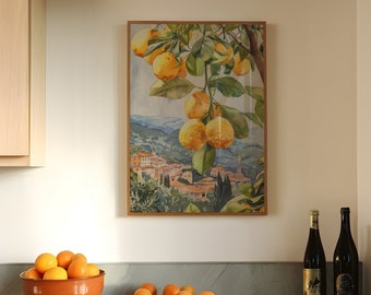 Italian living room wall decor | Mediterranean lemon poster | Watercolor landscape artwork | Summery kitchen decor with vintage flair