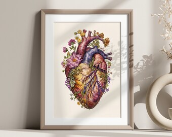 Living room illustration inspiration | Heart and flora wall art boho | Elegant bedroom art print | Nature-inspired hallway decor ideas