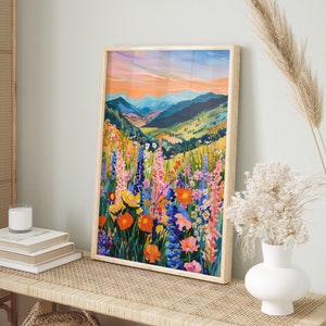 Arte mural colorido: Paisaje con flores y montañas | Paisaje montañoso abstracto | Póster mural colorido | Decoración de pared llamativa | Arte floral