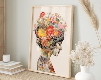 Affiche vintage moderne : Portrait aux fleurs colorées | Décoration murale élégante | Décoration florale colorée