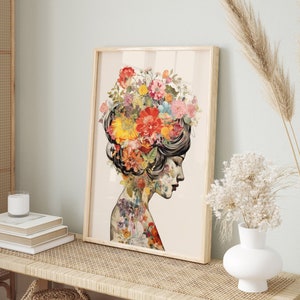 Modernes Vintage-Poster: Portrait mit farbenfrohen Blumen | Stilvolle Wandkunst | Bunte Blumen Deko