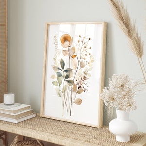 Minimalistisches Blumen Poster | Aquarell Wandkunst | Boho Wanddeko in Herbsttönen | Moderne Pflanzen Wandkunst