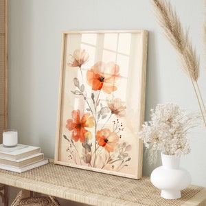 Boho Blumen Aquarell Wandkunst | Beige Boho Pflanzen Poster für Zuhause | Helles Blumenposter in Orange Creme | Lebendige Boho Blumen Deko