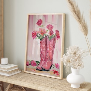 Impression de peinture de bottes de cow-girl roses : art mural de fleurs occidentales | Affiche Boho pour chambre de filles | Décor mural girly rose | Art imprimable