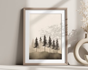 Minimalist mural: fir forest in beige and white | Scandinavian home decor | Modern Boho Poster | Forest landscape wall decoration