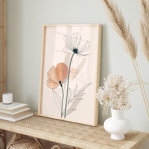 Minimalistisches Poster: Fine Line Art | Gezeichnete Blumen auf beigem Hintergrund | Blumen Illustration | Poster im minimalistischen Design