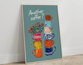 Retro Style Kitchen Decor | Colorful Mug Illustration | Vintage Coffee Poster for Kitchen | Humorous Wall Art for Home, Office, Cafeteria | Kitchen Pictures