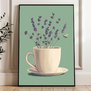 Poster lavanda per la cucina | Foto di fiori d'epoca | Arte murale viola con tazza | Opera d'arte botanica | Decorazione in stile country | decorazione della parete della casa di campagna