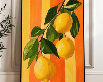 Kitchen wall decor, summery style | Mediterranean poster, lemons | Yellow and orange illustration art print | Exotic art, dining room, hallway, office colors