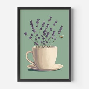 May include: A white teacup and saucer with a bouquet of purple lavender flowers inside. A small bee is flying near the flowers.