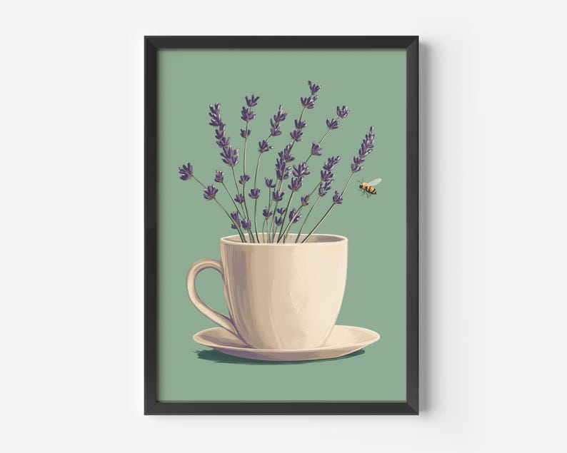 May include: A white teacup and saucer with a bouquet of purple lavender flowers inside. A small bee is flying near the flowers.
