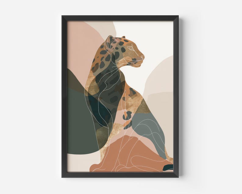 May include: A framed art print featuring a stylized leopard in shades of brown, green, and tan. The artwork has an abstract design with a minimalist aesthetic. The leopard is depicted in a seated pose, with a white outline.