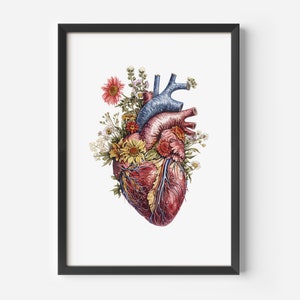 Arte murale botanica per il soggiorno | Poster vintage a forma di cuore | Stampa artistica romantica con illustrazione floreale e anatomia | Decorazione floreale da parete per camera da letto e ufficio