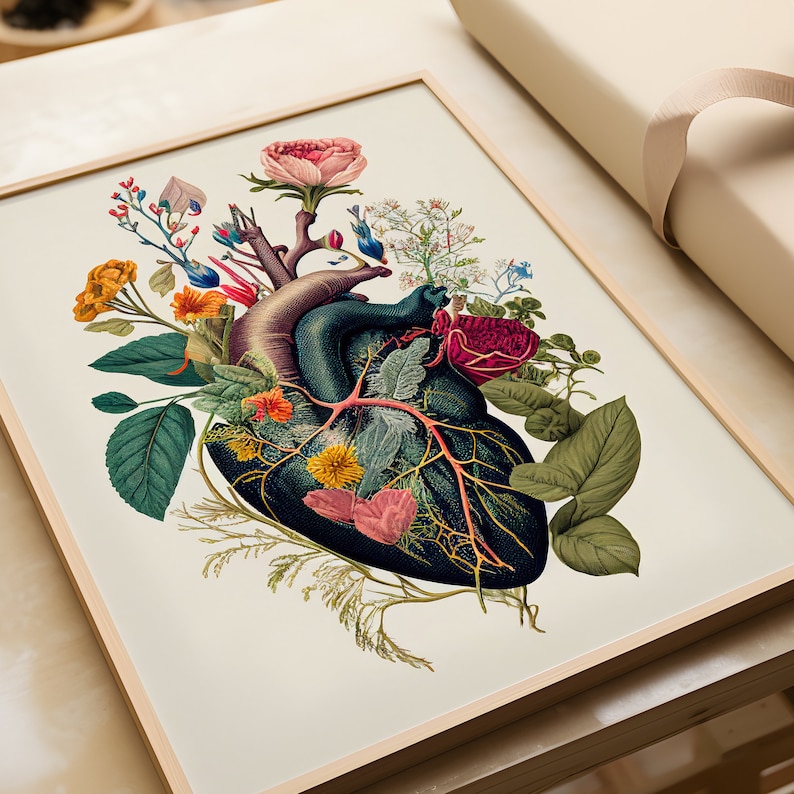 May include: A stylized anatomical heart with intricate veins and arteries, surrounded by a vibrant arrangement of flowers and leaves in shades of red, pink, yellow, green, and blue.