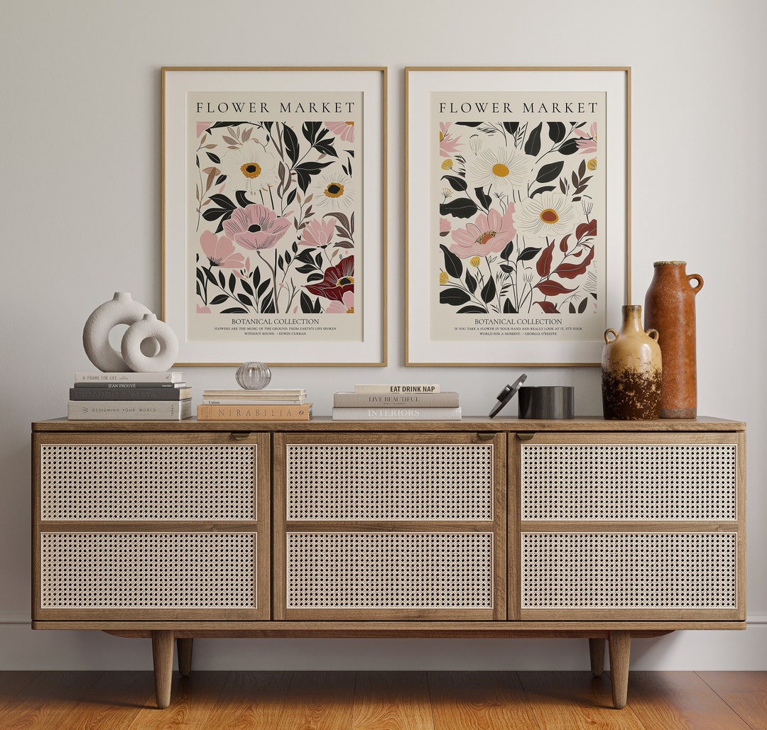 Flower Market Poster Set | 2 Floral Wall Art Prints in Beige, Pink, and ...