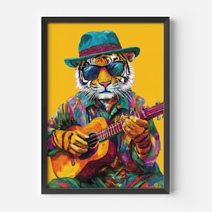 Poster musicale divertente per soggiorno e studio | Arte murale colorata per gli amanti della musica | Regalo per chitarristi e musicisti | Arte animale fantastica