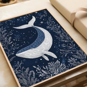 Quadro murale ad alto contrasto con una balena bianca | Decorazione murale blu | Poster retrò con balena | Quadro con megattera | Quadro moderno | Poster marittimo