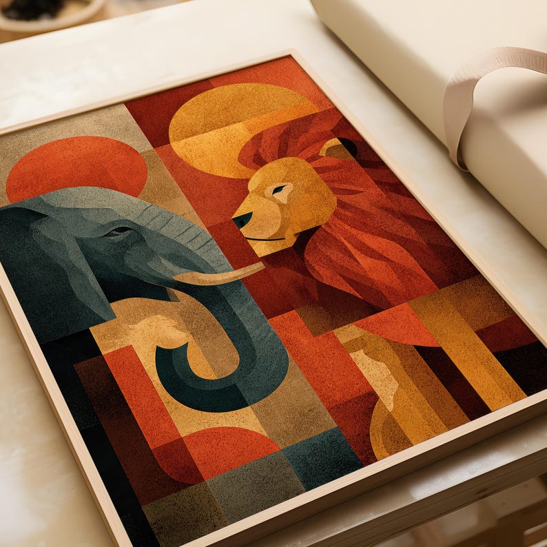 May include: Framed art print featuring a geometric design of an elephant and a lion. The artwork uses a warm color palette of orange, red, and brown, with a touch of blue for the elephant. The print is in a wooden frame.