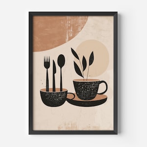 Boho Küchenposter | Schwarze Kaffeetassen Wandkunst | Minimalistisches Esszimmer-Bild | Moderne Küchen Deko | Kaffee Poster | Küche Wanddeko