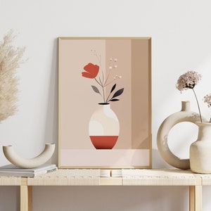 Decoración de pared para sala de estar | Arte minimalista con jarrones de flores | Ilustración bohemia en beige y rojo | Arte escandinavo para el hogar | Decoración minimalista con jarrones de flores