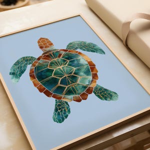 Arte murale Boho Beach House | Tartaruga astratta blu e verde | Poster con natura marittima | Stampe artistiche con motivi animali per soggiorno, bagno, ufficio
