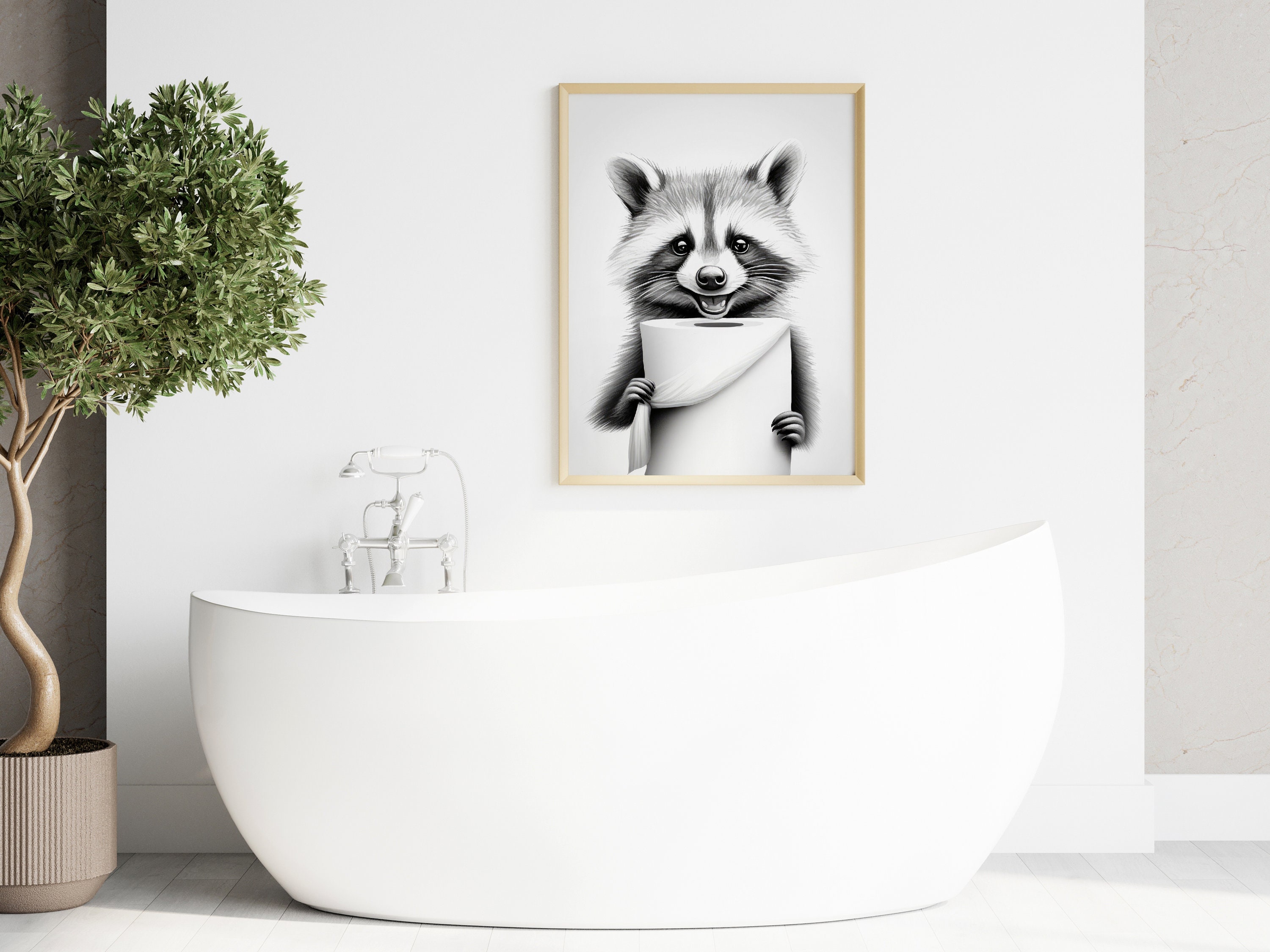 Set Di 3 Quadri Su Tela Per Bagno Con Procioni, Stampe Divertenti In Bianco E Nero, Cornice In Legno Rustico, 30,5x40,6 Cm - 3