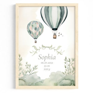Póster de nacimiento personalizado | Póster de nacimiento personalizado | Regalo para bebé | Imagen para habitación infantil | Ilustración en acuarela verde pastel