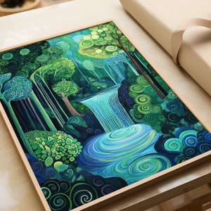Natur Wandkunst für Wohnzimmer | Abstrakte Wasserfall Wanddeko | Blau-Grün Wald Poster | Farbenfrohe Landschaft Wandbild | Kunst für Zuhause
