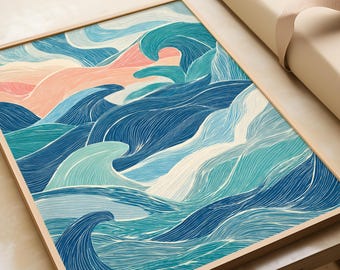 Modern wave wall decor | Sea art graphic | Blue green abstract illustration | Poster for living room, office, hallway | Ocean wave art print