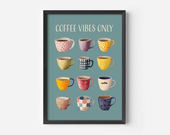 Kitchen Poster Coffee Love | Scandinavian Mug Illustration | Colorful Retro Art Prints | Vintage Dining Room Decor Modern Wall Art | Coffee Quote