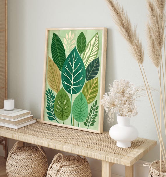 Natur Kunst für Wohnzimmer | Moderne Dschungel Blätter Poster | Grün Abstrakte Illustration Pflanzen | Skandinavische Deko Schlafzimmer Büro