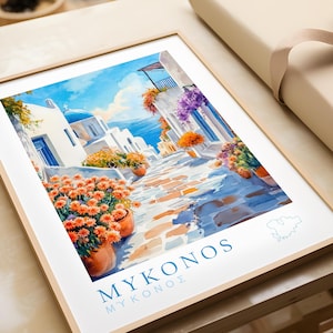 Manifesto turistico Grecia Mykonos | Decorazione murale mediterranea | Arte ad acquerello | Decorazione Blu Bianco | Decorazione con atmosfera natalizia | Vacanze nel Mediterraneo