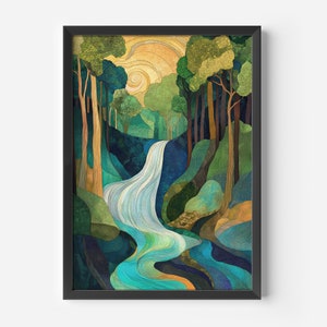 Moderna opera d'arte per soggiorno | Set di poster naturalistici con foresta | Paesaggio fluviale colorato | Stampe d'arte scandinave con motivi naturali, decorazione per ufficio e corridoio