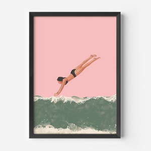 May include: A woman in a black swimsuit dives into a green wave against a pink background.